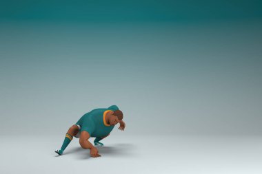 Yeşil gömlek ve beyaz pantolon giyen bir sporcu. Egzersiz yapıyor. Oyunculuktaki çizgi film karakterinin 3d canlandırması.