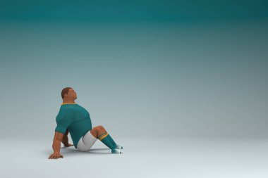 An athlete wearing a green shirt and white pants is sitting. 3d rendering of cartoon character in acting.