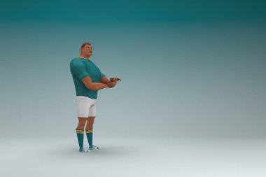 Yeşil gömlek ve beyaz pantolon giyen bir atlet konuşurken el ifadesidir. Oyunculuktaki çizgi film karakterinin 3d canlandırması.