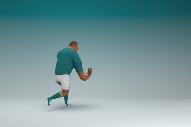 Yeşil gömlek ve beyaz pantolon giyen bir sporcu. Bir şey çekiyor ya da itiyor. Oyunculuktaki çizgi film karakterinin 3d canlandırması.