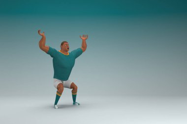 Yeşil gömlek ve beyaz pantolon giyen bir sporcu. Bir şey çekiyor ya da itiyor. Oyunculuktaki çizgi film karakterinin 3d canlandırması.