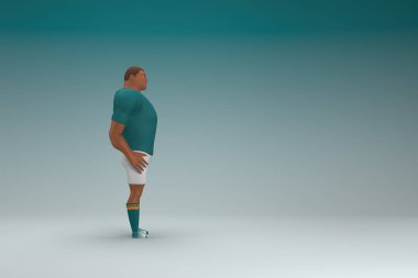 Yeşil gömlek ve beyaz pantolon giyen bir atlet konuşurken el ifadesidir. Oyunculuktaki çizgi film karakterinin 3d canlandırması.