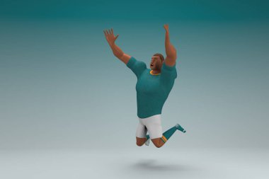 Yeşil gömlek ve beyaz pantolon giyen bir atlet atlıyor. Oyunculuktaki çizgi film karakterinin 3d canlandırması.