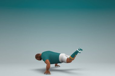 Yeşil gömlek ve beyaz pantolon giyen bir sporcu. Egzersiz yapıyor. Oyunculuktaki çizgi film karakterinin 3d canlandırması.