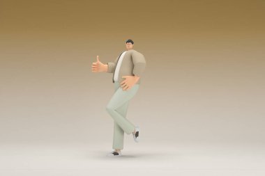 Kahverengi bez giyen gözlüklü bir adam. O, konuşurken el ifadesidir. Oyunculuktaki çizgi film karakterinin 3d canlandırması.