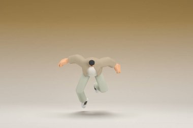 A man with glasses wearing brown cloth.  He is falling down. 3d rendering of cartoon character in acting.