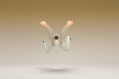 A man with glasses wearing brown cloth.  He is falling down. 3d rendering of cartoon character in acting.