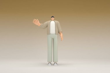 Kahverengi bez giyen gözlüklü bir adam. O, konuşurken el ifadesidir. Oyunculuktaki çizgi film karakterinin 3d canlandırması.