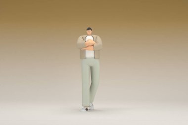 Kahverengi bez giyen gözlüklü bir adam. O, konuşurken el ifadesidir. Oyunculuktaki çizgi film karakterinin 3d canlandırması.