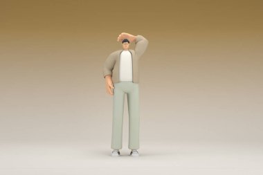 Kahverengi bez giyen gözlüklü bir adam. O, konuşurken el ifadesidir. Oyunculuktaki çizgi film karakterinin 3d canlandırması.