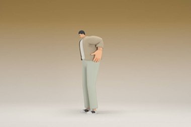 Kahverengi bez giyen gözlüklü bir adam. Üzgün ya da acı çekiyor. Oyunculuktaki çizgi film karakterinin 3d canlandırması.