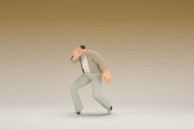 Kahverengi bez giyen gözlüklü bir adam. Üzgün ya da acı çekiyor. Oyunculuktaki çizgi film karakterinin 3d canlandırması.