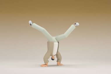 A man with glasses wearing brown cloth.  He is doing exercise.  3d rendering of cartoon character in acting.