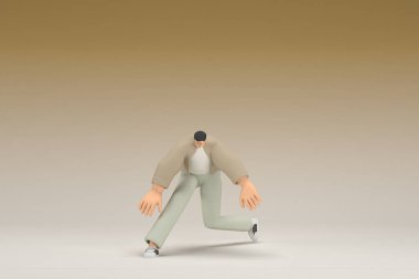 A man with glasses wearing brown cloth.  He is doing exercise.  3d rendering of cartoon character in acting.