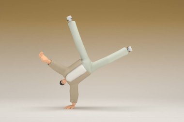 A man with glasses wearing brown cloth.  He is doing exercise.  3d rendering of cartoon character in acting.
