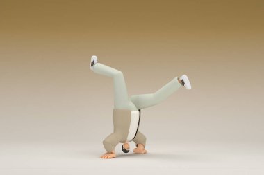 A man with glasses wearing brown cloth.  He is doing exercise.  3d rendering of cartoon character in acting.