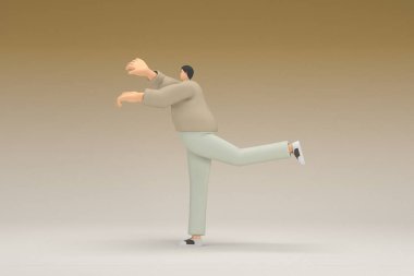 A man with glasses wearing brown cloth.  He is doing exercise.  3d rendering of cartoon character in acting.
