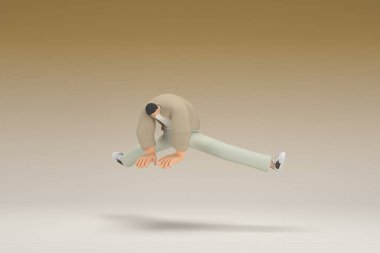 A man with glasses wearing brown cloth is  jumping. 3d rendering of cartoon character in acting.