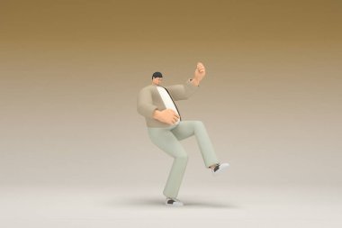 A man with glasses wearing brown cloth.  He is doing exercise.  3d rendering of cartoon character in acting.