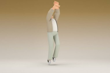 A man with glasses wearing brown cloth.  He is doing exercise.  3d rendering of cartoon character in acting.