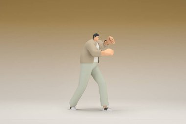 A man with glasses wearing brown cloth.  He is doing exercise.  3d rendering of cartoon character in acting.