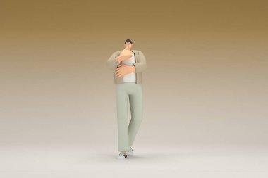 Kahverengi bez giyen gözlüklü bir adam. O, konuşurken el ifadesidir. Oyunculuktaki çizgi film karakterinin 3d canlandırması.