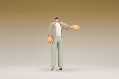 Kahverengi bez giyen gözlüklü bir adam. O, konuşurken el ifadesidir. Oyunculuktaki çizgi film karakterinin 3d canlandırması.