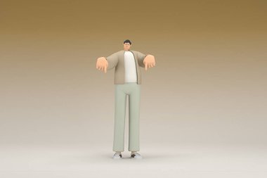 Kahverengi bez giyen gözlüklü bir adam. O, konuşurken el ifadesidir. Oyunculuktaki çizgi film karakterinin 3d canlandırması.