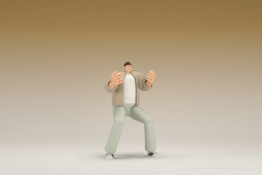 Kahverengi bez giyen gözlüklü bir adam. O, konuşurken el ifadesidir. Oyunculuktaki çizgi film karakterinin 3d canlandırması.