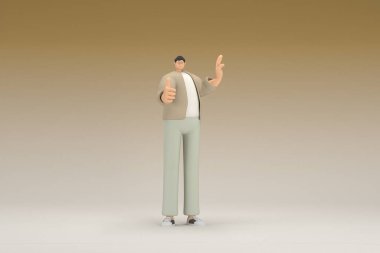 Kahverengi bez giyen gözlüklü bir adam. O, konuşurken el ifadesidir. Oyunculuktaki çizgi film karakterinin 3d canlandırması.