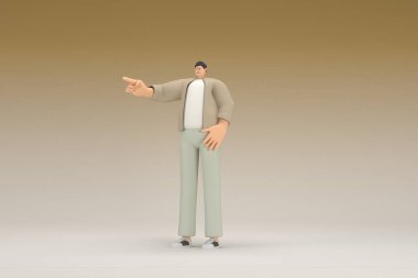 Kahverengi bez giyen gözlüklü bir adam. O, konuşurken el ifadesidir. Oyunculuktaki çizgi film karakterinin 3d canlandırması.