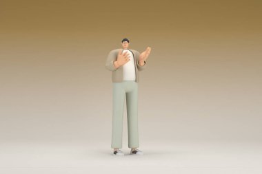 Kahverengi bez giyen gözlüklü bir adam. O, konuşurken el ifadesidir. Oyunculuktaki çizgi film karakterinin 3d canlandırması.