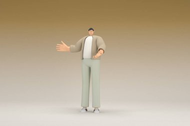 Kahverengi bez giyen gözlüklü bir adam. O, konuşurken el ifadesidir. Oyunculuktaki çizgi film karakterinin 3d canlandırması.