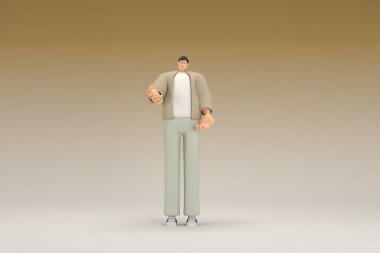 Kahverengi bez giyen gözlüklü bir adam. O, konuşurken el ifadesidir. Oyunculuktaki çizgi film karakterinin 3d canlandırması.