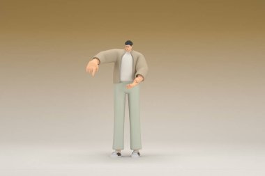 Kahverengi bez giyen gözlüklü bir adam. O, konuşurken el ifadesidir. Oyunculuktaki çizgi film karakterinin 3d canlandırması.