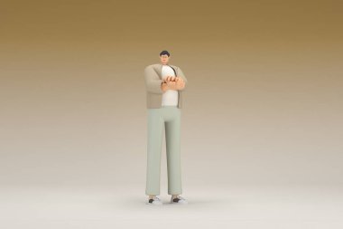 Kahverengi bez giyen gözlüklü bir adam. O, konuşurken el ifadesidir. Oyunculuktaki çizgi film karakterinin 3d canlandırması.