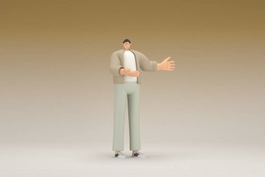 Kahverengi bez giyen gözlüklü bir adam. O, konuşurken el ifadesidir. Oyunculuktaki çizgi film karakterinin 3d canlandırması.