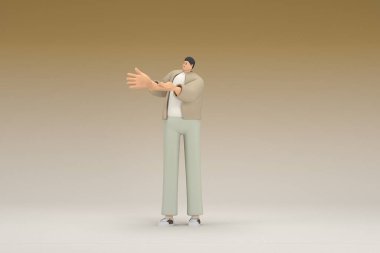 Kahverengi bez giyen gözlüklü bir adam. O, konuşurken el ifadesidir. Oyunculuktaki çizgi film karakterinin 3d canlandırması.