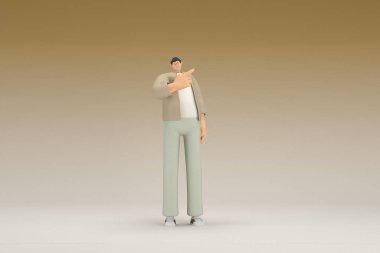 Kahverengi bez giyen gözlüklü bir adam. O, konuşurken el ifadesidir. Oyunculuktaki çizgi film karakterinin 3d canlandırması.