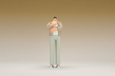 Kahverengi bez giyen gözlüklü bir adam. O, konuşurken el ifadesidir. Oyunculuktaki çizgi film karakterinin 3d canlandırması.