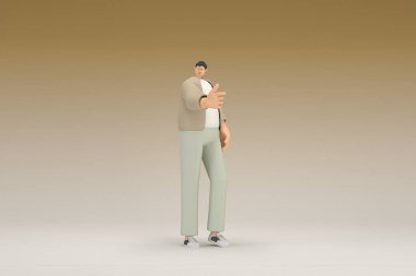 Kahverengi bez giyen gözlüklü bir adam. O, konuşurken el ifadesidir. Oyunculuktaki çizgi film karakterinin 3d canlandırması.