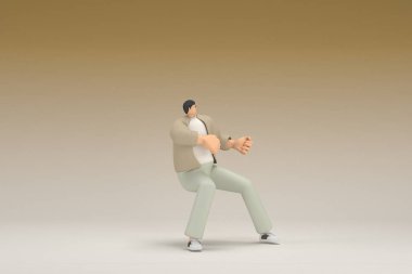 Kahverengi bez giyen gözlüklü bir adam. Bir şey çekiyor ya da itiyor. Oyunculuktaki çizgi film karakterinin 3d canlandırması.