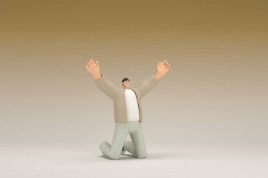 A man with glasses wearing brown cloth is praying. 3d rendering of cartoon character in acting.