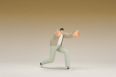 Kahverengi bez giyen gözlüklü bir adam. Bir şey çekiyor ya da itiyor. Oyunculuktaki çizgi film karakterinin 3d canlandırması.