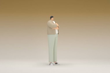 Kahverengi bez giyen gözlüklü bir adam. O, konuşurken el ifadesidir. Oyunculuktaki çizgi film karakterinin 3d canlandırması.