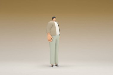 Kahverengi bez giyen gözlüklü bir adam. O, konuşurken el ifadesidir. Oyunculuktaki çizgi film karakterinin 3d canlandırması.