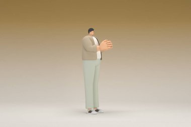 Kahverengi bez giyen gözlüklü bir adam. O, konuşurken el ifadesidir. Oyunculuktaki çizgi film karakterinin 3d canlandırması.