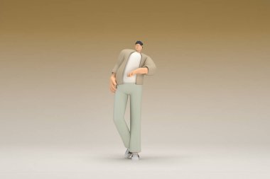 Kahverengi bez giyen gözlüklü bir adam. O, konuşurken el ifadesidir. Oyunculuktaki çizgi film karakterinin 3d canlandırması.