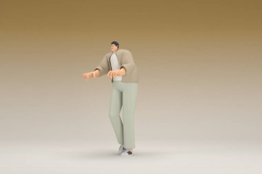 Kahverengi bez giyen gözlüklü bir adam. O, konuşurken el ifadesidir. Oyunculuktaki çizgi film karakterinin 3d canlandırması.