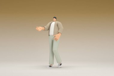 Kahverengi bez giyen gözlüklü bir adam. O, konuşurken el ifadesidir. Oyunculuktaki çizgi film karakterinin 3d canlandırması.